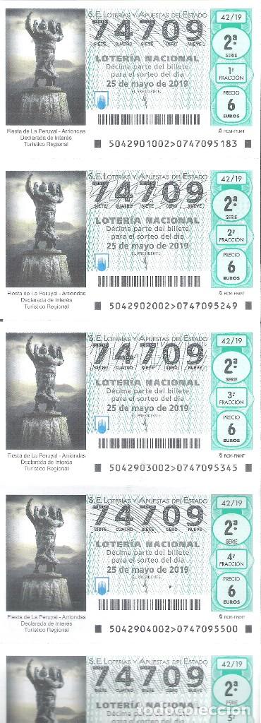 Nationale spanische Lotterie: MEDIO BILLETE 5 DECIMOS LOTERIA SABADO 25 MAYO 2019 42/19 ARRIONDAS OVIEDO FIESTA DE LA PERUYAL