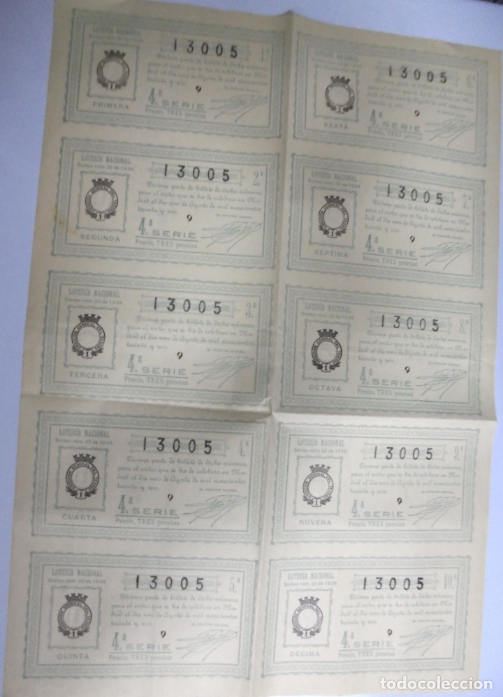National Spanish Lottery: PLIEGO DE 10 DECIMOS DE LOTERIA NACIONAL. SORTEO N&ordm; 22 DE 1936.