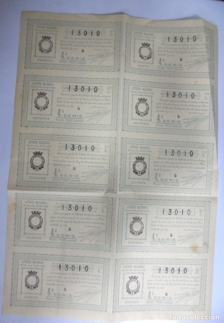 Nationale spanische Lotterie: PLIEGO DE 10 DECIMOS DE LOTERIA NACIONAL. SORTEO N&ordm; 22 DE 1936.