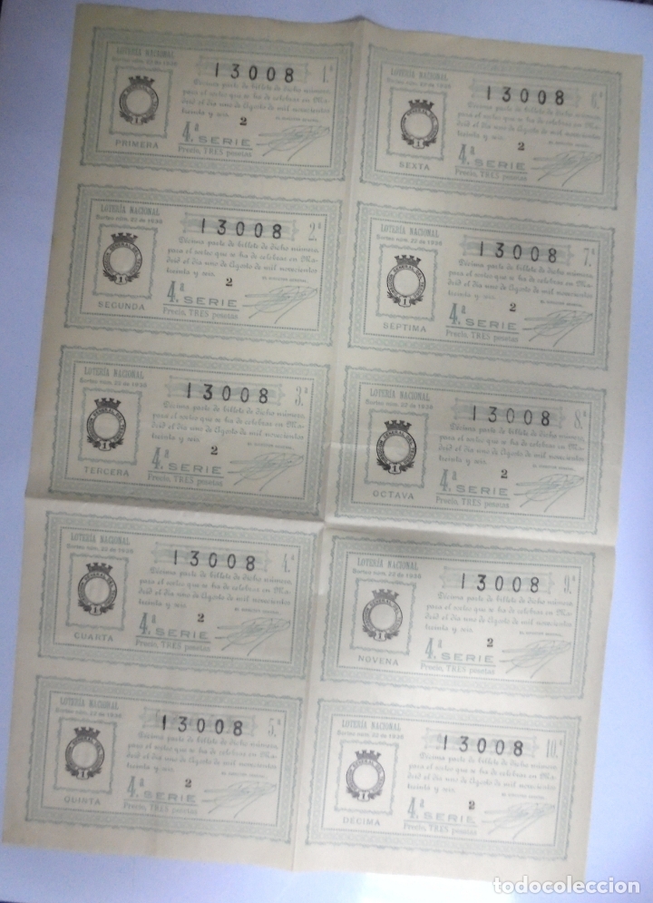 Nationale spanische Lotterie: PLIEGO DE 10 DECIMOS DE LOTERIA NACIONAL. SORTEO N&ordm; 22 DE 1936.