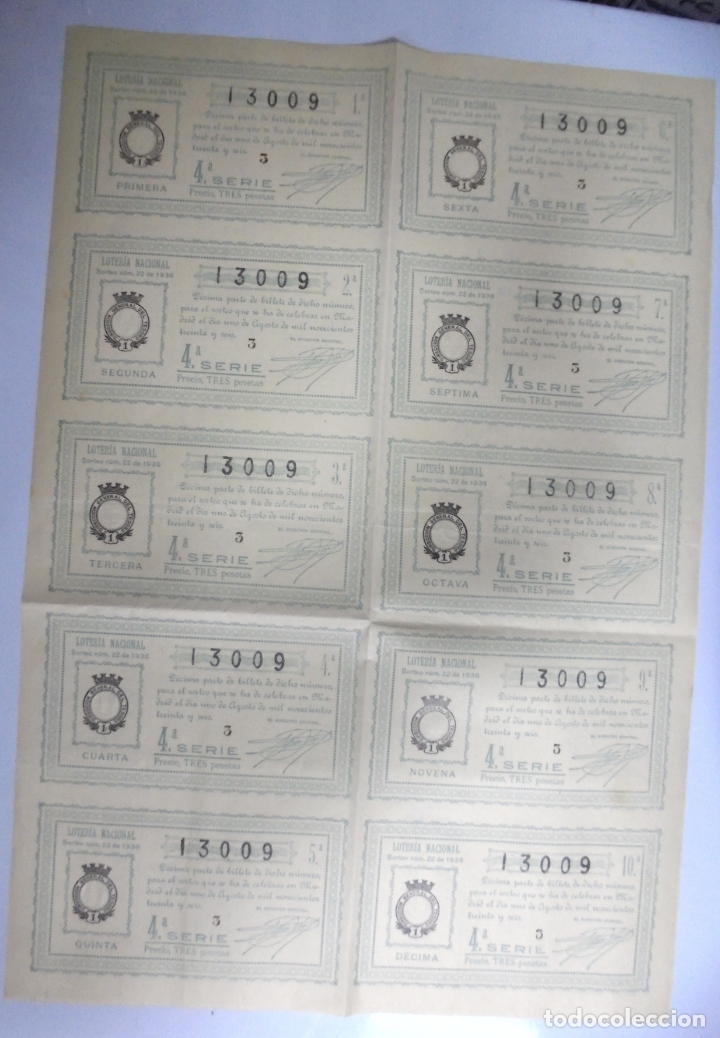 Nationale spanische Lotterie: PLIEGO DE 10 DECIMOS DE LOTERIA NACIONAL. SORTEO N&ordm; 22 DE 1936.