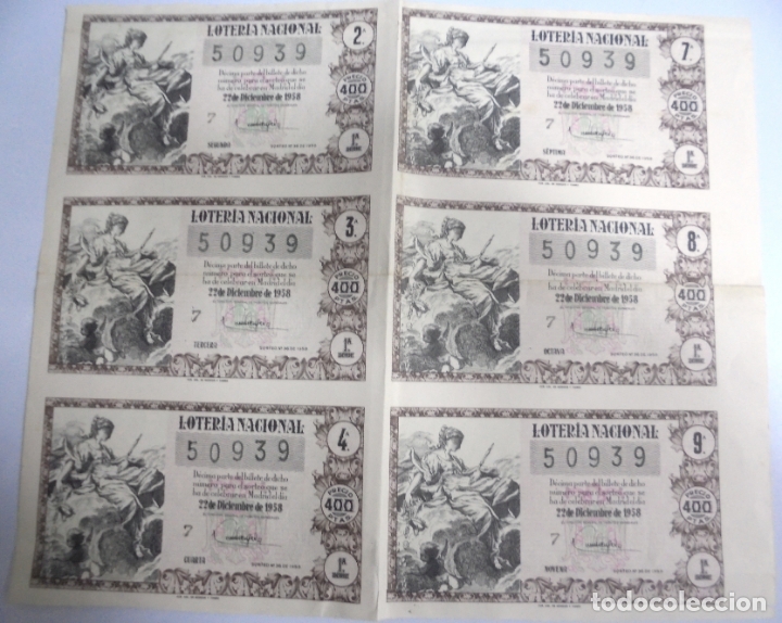 Nationale spanische Lotterie: PLIEGO DE 6 DECIMOS DE LOTERIA NACIONAL. SORTEO N&ordm; 36 DE 1958.