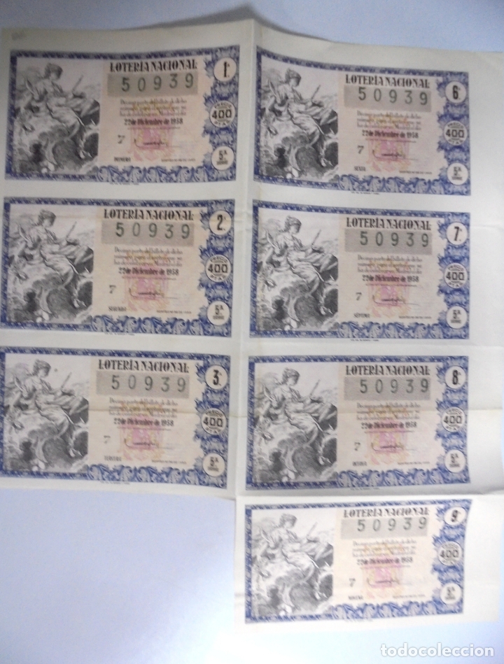 Loterie Nationale: PLIEGO DE 7 DECIMOS DE LOTERIA NACIONAL. SORTEO N&ordm; 36 DE 1958.