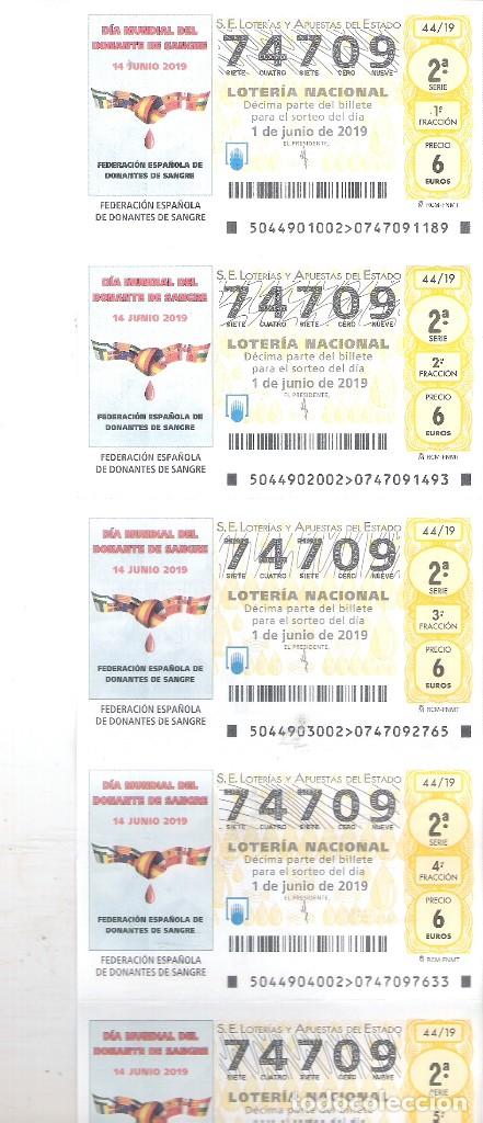 Nationale spanische Lotterie: 5 DECIMOS MEDIO BILLETE LOTERIA SABADO 1 JUNIO 2019 44/19 DIA MUNDIAL DEL DONANTE DE SANGRE
