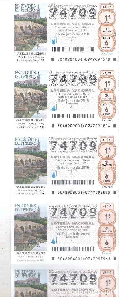Nationale spanische Lotterie: 5 DECIMOS LOTERIA NACIONAL SABADO - 15 JUNIO 2019 - ( 48/19 ) LERMA ( BURGOS ) PUENTE ROMANO