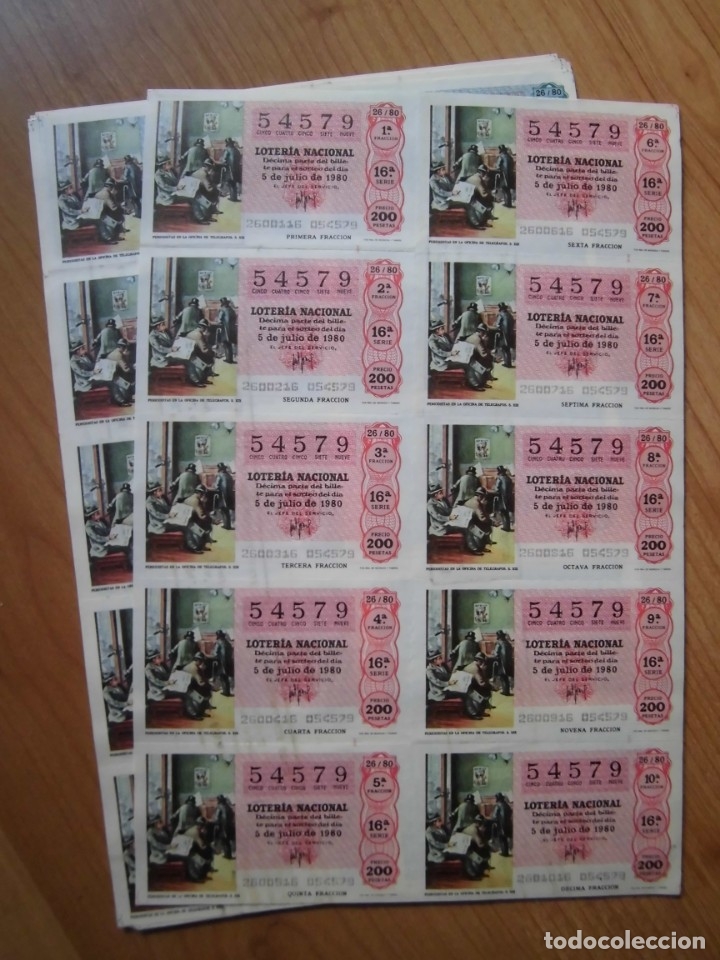 National Spanish Lottery: LOTE 10 PLIEGOS BILLETES LOTER&Iacute;A NACIONAL 26/80 DEL N&Uacute;MERO 54579