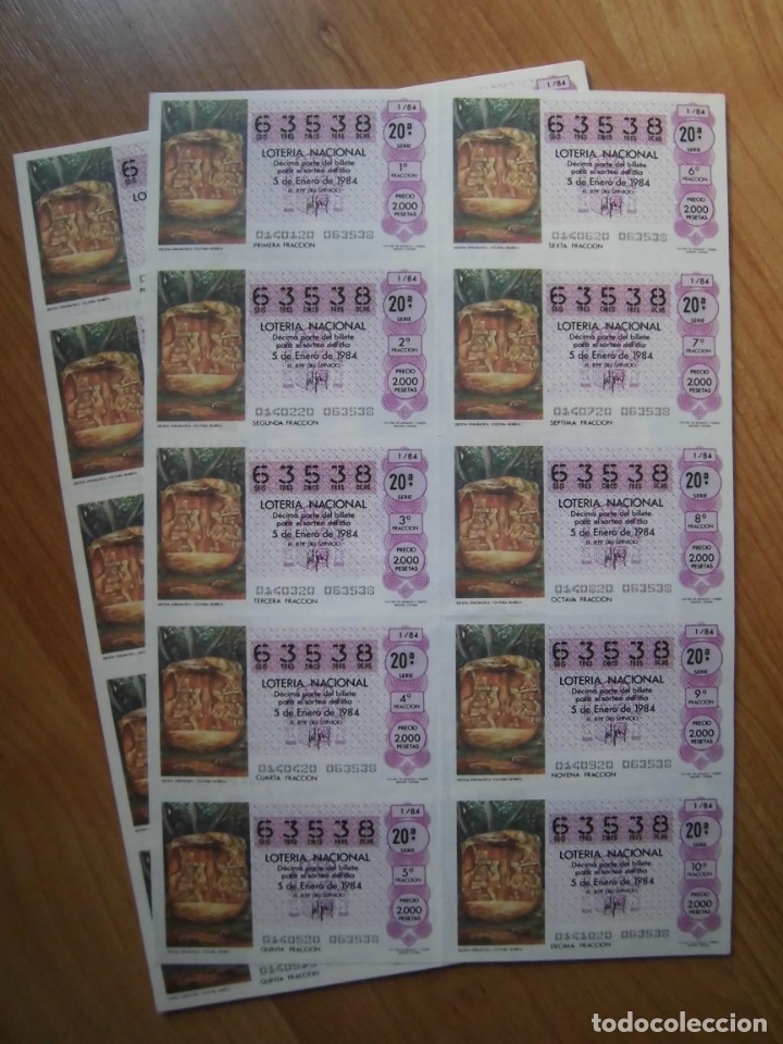 National Spanish Lottery: LOTE 19 PLIEGOS BILLETES LOTER&Iacute;A NACIONAL 1/84 DEL N&Uacute;MERO 63538 Y 15397
