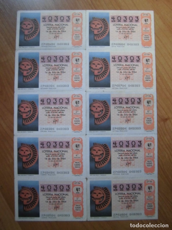 National Spanish Lottery: LOTE 1 PLIEGO BILLETE LOTER&Iacute;A NACIONAL 27/84 DEL N&Uacute;MERO 40303