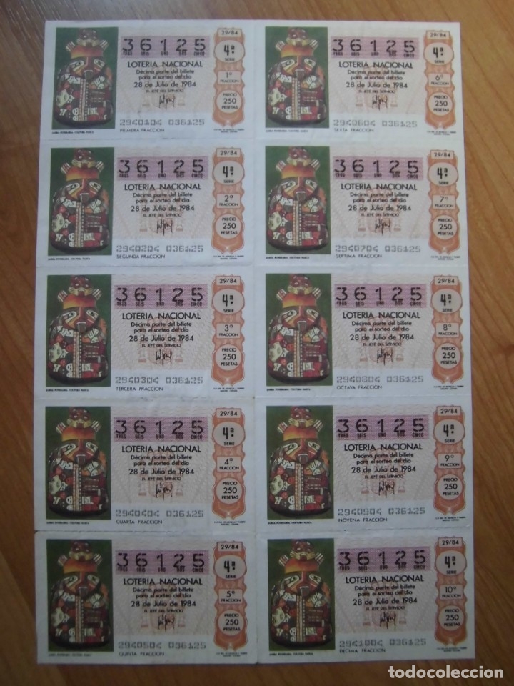 National Spanish Lottery: LOTE 1 PLIEGO BILLETE LOTER&Iacute;A NACIONAL 29/84 DEL N&Uacute;MERO 36125