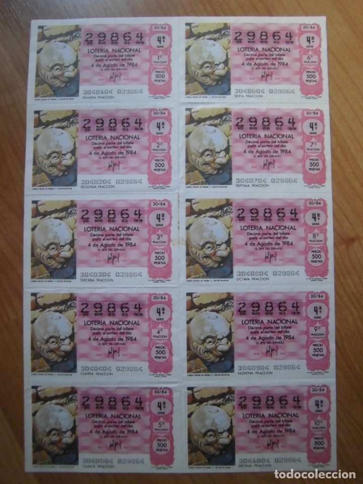 National Spanish Lottery: LOTE 1 PLIEGO BILLETE LOTER&Iacute;A NACIONAL 30/84 DEL N&Uacute;MERO 29864