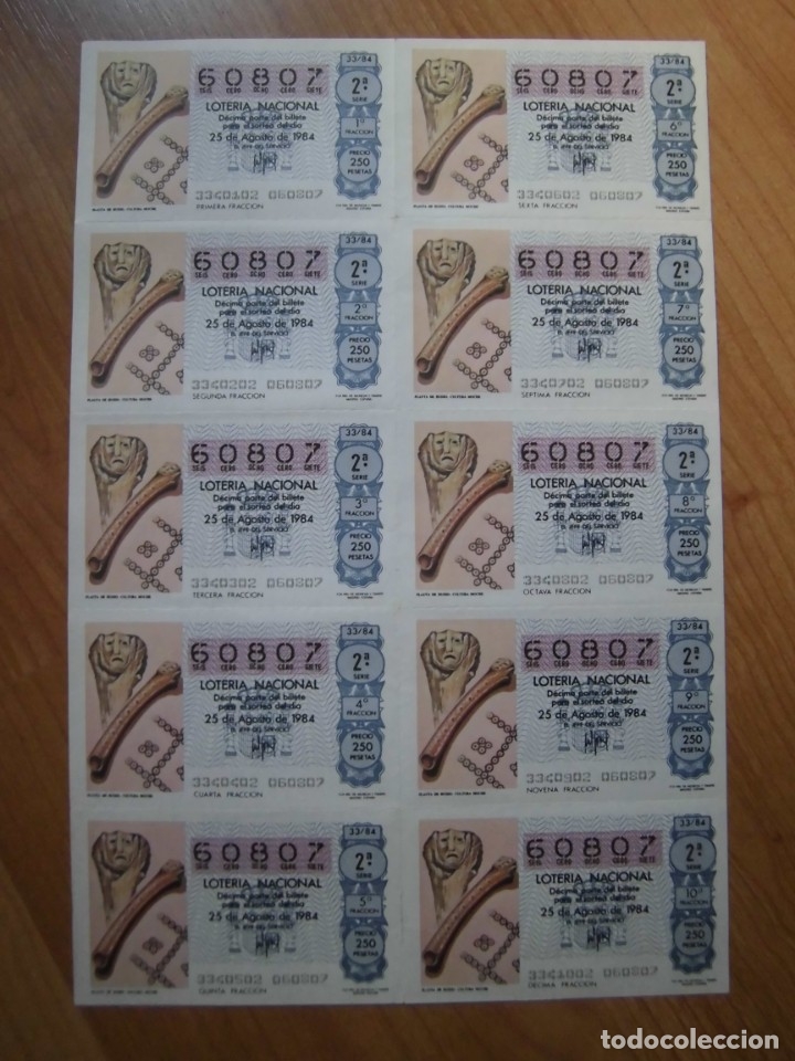 National Spanish Lottery: LOTE 1 PLIEGO BILLETE LOTER&Iacute;A NACIONAL 33/84 DEL N&Uacute;MERO 60807