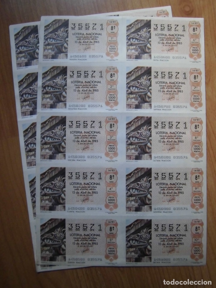 National Spanish Lottery: LOTE 8 PLIEGOS BILLETES LOTER&Iacute;A NACIONAL 14/85 DEL N&Uacute;MERO 35571