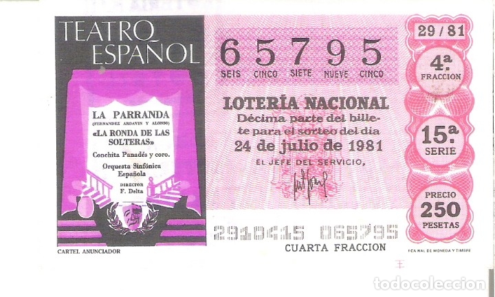 Nationale spanische Lotterie: 1 DECIMO LOTERIA SABADO - 24 JULIO 1981 - 29/81 - CARTEL TEATRO ESPA&Ntilde;OL LA PARRANDA - ( COLOR ROJO