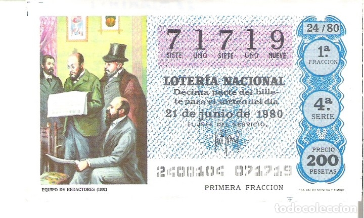 Nationale spanische Lotterie: 1 DECIMO LOTERIA SABADO -21 JUNIO 1980 - 24/80 - EQUIPO DE REDACTORES 1902 ( COLOR AZUL
