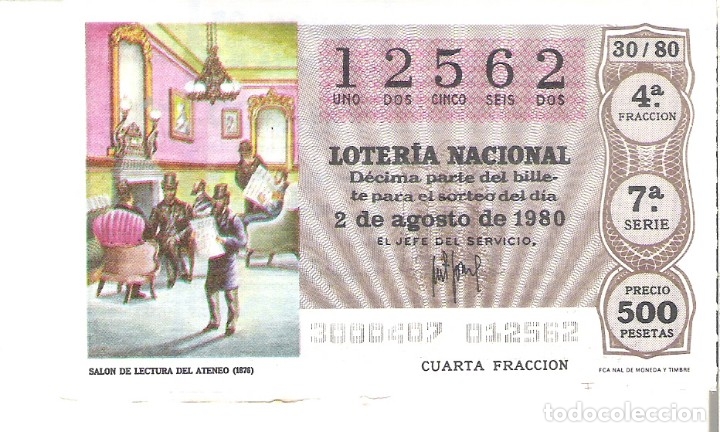 Nationale spanische Lotterie: 1 DECIMO LOTERIA SABADO 2 AGOSTO 1980 30/80 PERIODICOS SALON LECTURA DEL ATENEO 1876 ( COLOR MARRON