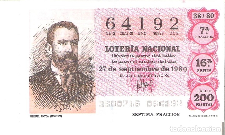 Nationale spanische Lotterie: 1 DECIMO LOTERIA SABADO - 27 SEPTIEMBRE 1980 - 38/80 - PERIODICOS - MIGUEL MOYA ( COLOR ROJO
