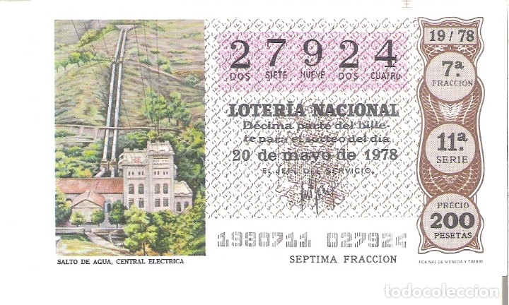 Nationale spanische Lotterie: 1 DECIMO LOTERIA SABADO - 20 MAYO 1978 - 19/78 - SALTO DE AGUA, CENTRAL ELECTRICA ( COLOR MARRON