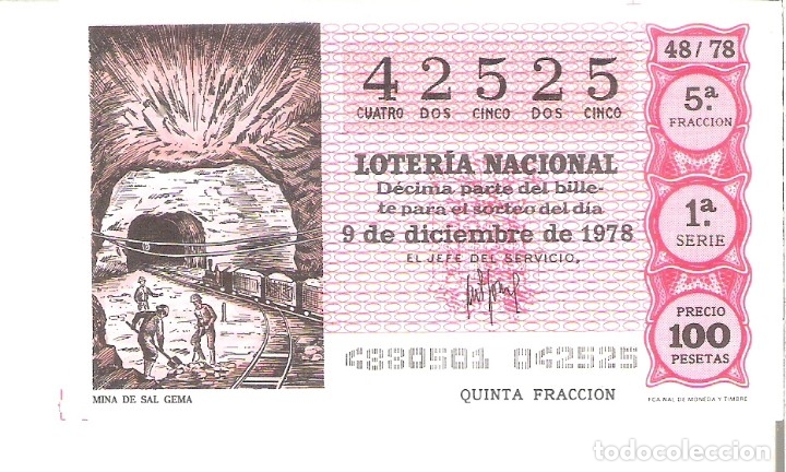 Loterie Nationale: 1 DECIMO LOTERIA DEL SABADO - 9 DICIEMBRE 1978 - 48/78 - MINA DE SAL GEMA