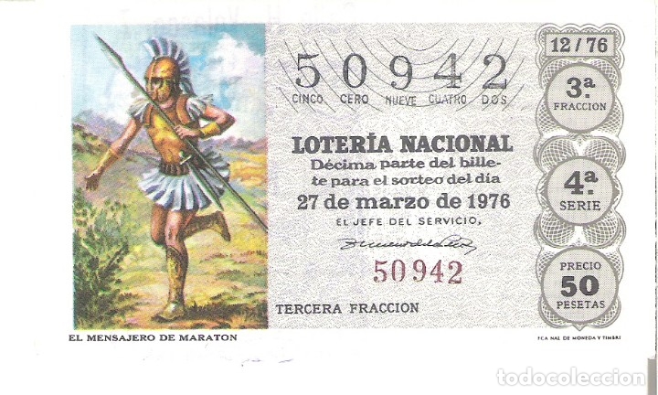 Nationale spanische Lotterie: 1 DECIMO LOTERIA DEL SABADO - 27 MARZO 1976 - 12/76 - EL MENSAJERO DE MARATON
