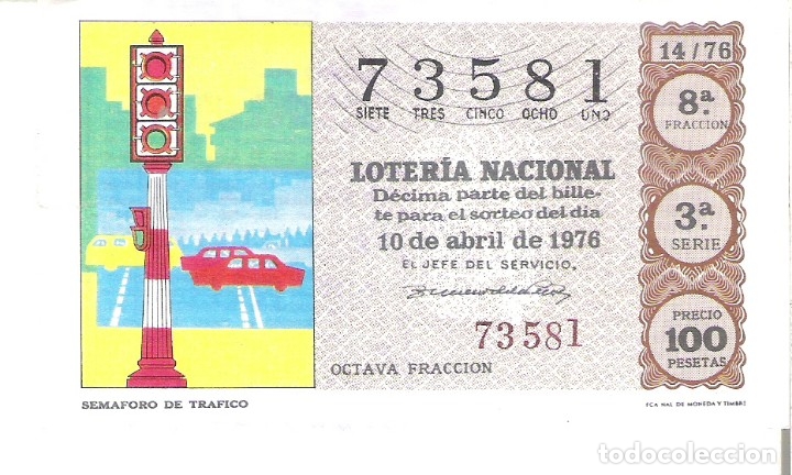 Nationale spanische Lotterie: 1 DECIMO LOTERIA DEL SABADO - 10 ABRIL 1976 - 14/76 - INVENTOS - SEMAFORO DE TRAFICO