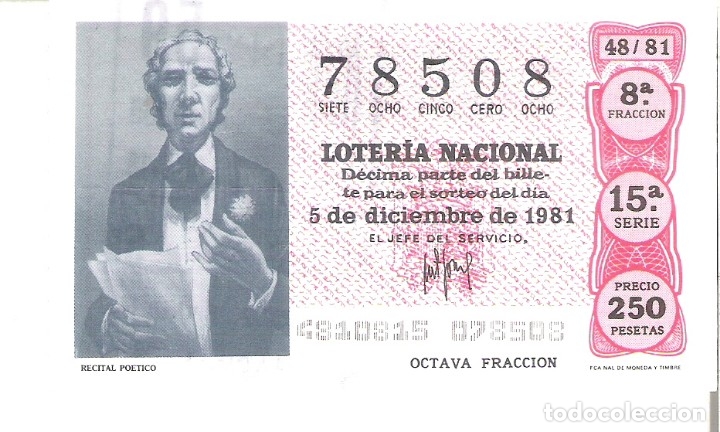 Nationale spanische Lotterie: 1 DECIMO LOTERIA SABADO - 5 DICIEMBRE 1981 - 48/81 - TEATRO - RECITAL POETICO ( COLOR ROJO