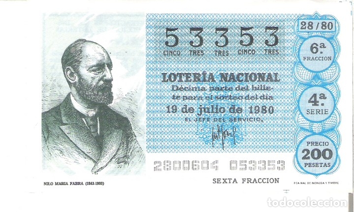 Nationale spanische Lotterie: 1 DECIMO LOTERIA SABADO - 19 JULIO 1980 - 28/80 - PERIODICOS - NILO MARIA FABRA ( COLOR AZUL