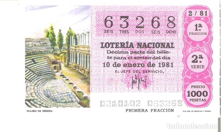 Nationale spanische Lotterie: 1 DECIMO LOTERIA SABADO - 10 ENERO 1981 - 2/81 - TEATRO DE MERIDA ( COLOR ROJO
