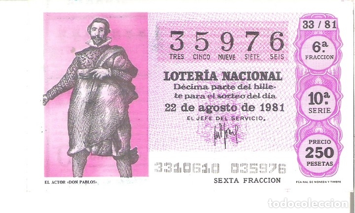 Nationale spanische Lotterie: 1 DECIMO LOTERIA SABADO - 22 AGOSTO 1981 - 33/81 - TEATRO EL ACTOR DON PABLOS ( COLOR FUCSIA