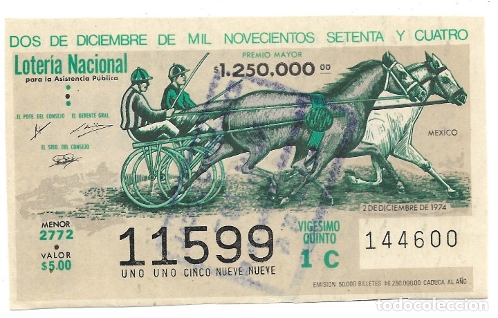 Lotaria Nacional: BILLETE DE LOTERIA NACIONAL DE MEXICO, DOS DE DICIEMBRE DE MIL NOVECIENTOS SETENTA Y CUATRO.