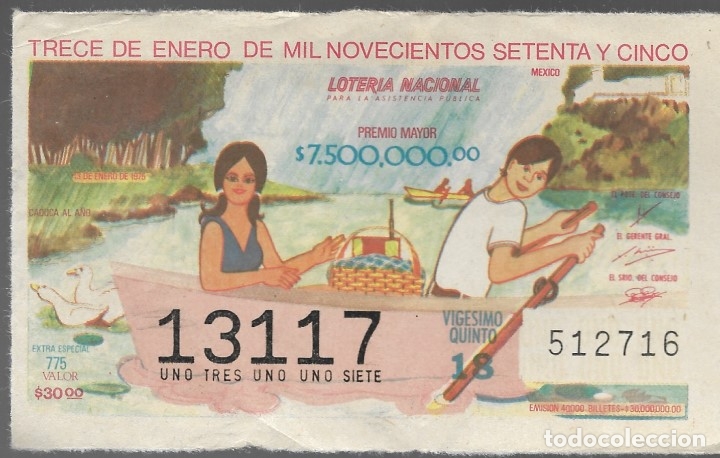 Lotaria Nacional: BILLETE DE LOTERIA NACIONAL DE MEXICO, TRECE DE ENERO DE MIL NOVECIENTOS SETENTA Y CINCO.