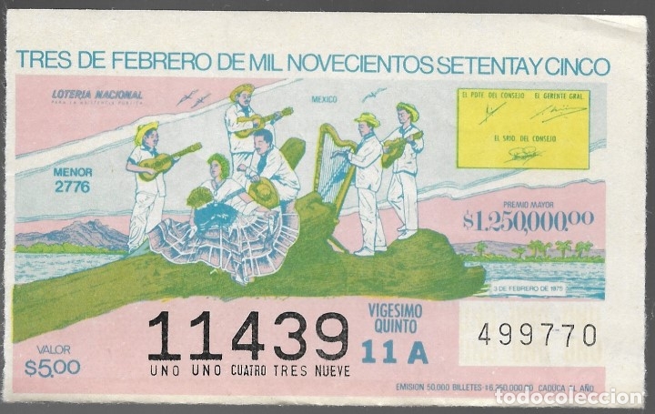 Lotaria Nacional: BILLETE DE LOTERIA NACIONAL DE MEXICO, TRES DE FEBRERO DE MIL NOVECIENTOS SETENTA Y CINCO.