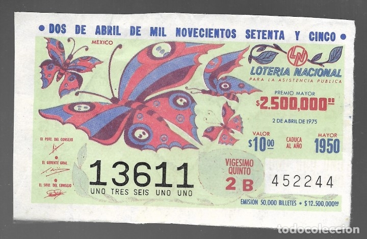 Lotaria Nacional: BILLETE DE LOTERIA NACIONAL DE MEXICO, DOS DE ABRIL DE MIL NOVECIENTOS SETENTA Y CINCO.