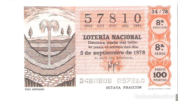 Nationale spanische Lotterie: 1 DECIMO LOTERIA DEL SABADO - 2 SEPTIEMBRE 1978 - 34/78 - POZO ARTESIANO