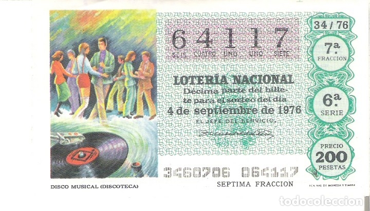 Nationale spanische Lotterie: 1 DECIMO LOTERIA SABADO 4 SEPTIEMBRE 1976 34/76 INVENTOS DISCO MUSICAL VINILO DISCOTECA COLOR VERDE