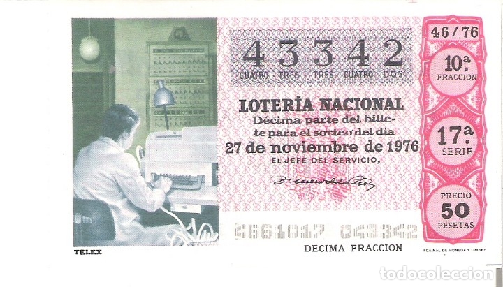 Nationale spanische Lotterie: 1 DECIMO LOTERIA SABADO - 27 NOVIEMBRE 1976 - 46/76 - INVENTOS ( TELEX - COLOR ROJO