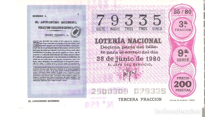 Nationale spanische Lotterie: 1 DECIMO LOTERIA SABADO 28 JUNIO 1980 25/80 PERIODICOS O REVISTAS EL ASTRONOMO MODERNO (COLOR FUCSIA
