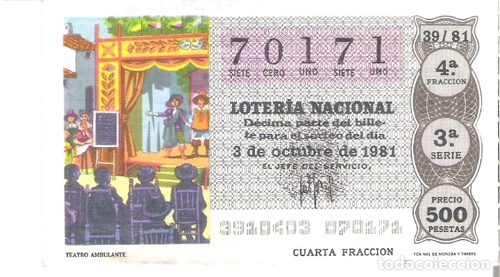 Nationale spanische Lotterie: 1 DECIMO LOTERIA SABADO - 3 OCTUBRE 1981 - 39/81 - TEATRO AMBULANTE ( COLOR MARRON OSCURO