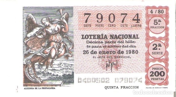 Nationale spanische Lotterie: 1 DECIMO LOTERIA SABADO - 26 ENERO 1980 - 4/80 - ALEGORIA DE LA PROPAGANDA ( COLOR MARRON CLARO