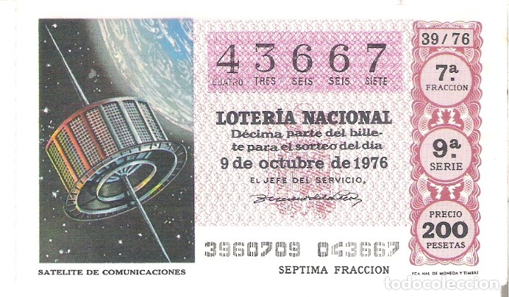 Nationale spanische Lotterie: 1 DECIMO LOTERIA DEL SABADO - 9 OCTUBRE 1976 - 39/76 - SATELITE DE COMUNICACIONES