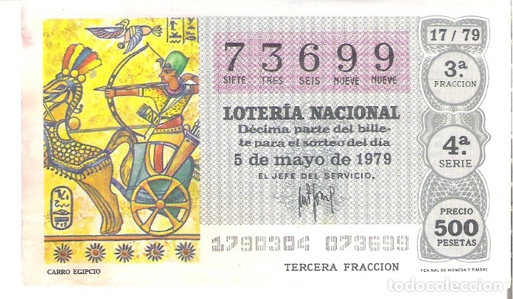 Nationale spanische Lotterie: 1 DECIMO LOTERIA DEL SABADO - 5 MAYO 1979 - 17/79 - EGIPTO - CARRO EGIPCIO( COLOR GRIS