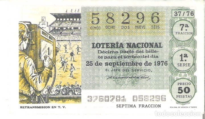 Nationale spanische Lotterie: 1 DECIMO LOTERIA SABADO 25 SEPTIEMBRE 1976 37/76 INVENTOS RETRANSMISION FUTBOL TV ( COLOR VERDE OSCU