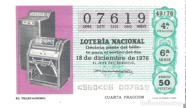 Nationale spanische Lotterie: 1 DECIMO LOTERIA SABADO - 18 DICIEMBRE 1976 - 49/76 - INVENTOS ( EL TELEFACSIMIL - COLOR VERDE