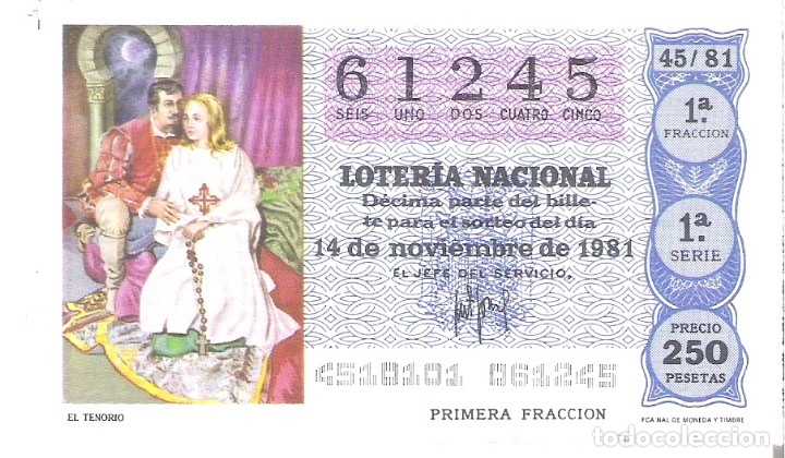 Nationale spanische Lotterie: 1 DECIMO LOTERIA DEL SABADO - 14 NOVIEMBRE 1981 - 45/81 - TEATRO - EL TENORIO ( COLOR AZUL