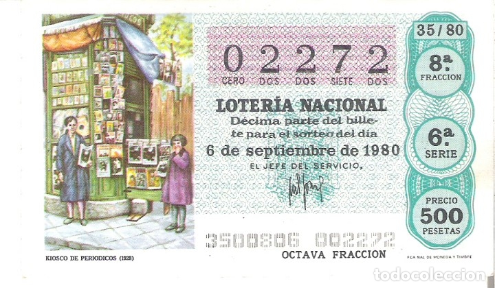 Nationale spanische Lotterie: 1 DECIMO LOTERIA SABADO 6 SEPTIEMBRE 1980 - 35/80 KIOSCO DE PERIODICOS 1928 ( COLOR VERDE