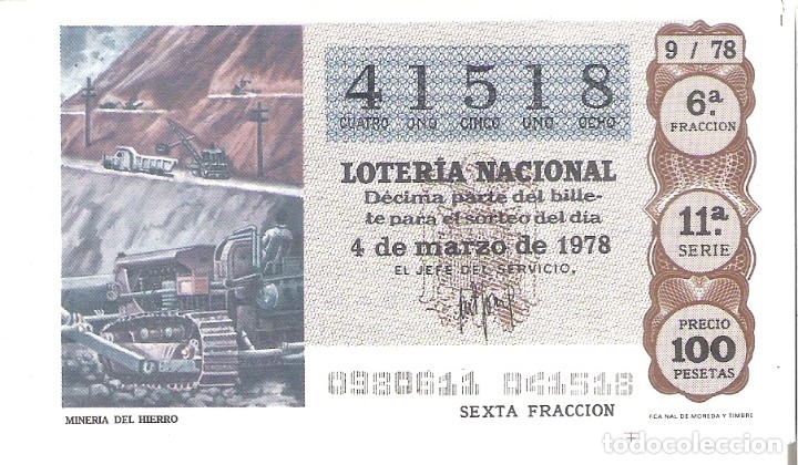 Nationale spanische Lotterie: 1 DECIMO LOTERIA DEL SABADO - 4 MARZO 1978 - 9/78 - MINERIA DEL HIERRO
