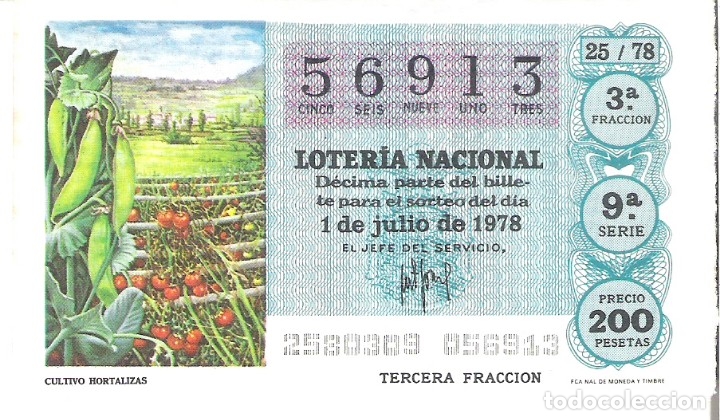 Nationale spanische Lotterie: 1 DECIMO LOTERIA DEL SABADO - 1 JULIO 1978 - 25/78 - CULTIVO HORTALIZAS
