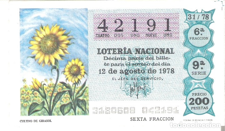 Nationale spanische Lotterie: 1 DECIMO LOTERIA SABADO - 12 AGOSTO 1978 - 31/78 - CULTIVO DE GIRASOL ( COLOR VERDE AGUA