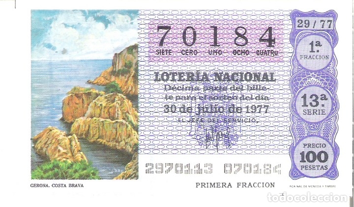 Nationale spanische Lotterie: 1 DECIMO LOTERIA DEL SABADO - 30 JULIO 1977 - 29/77 - COSTA BRAVA ( GIRONA - GERONA - COLOR AZUL