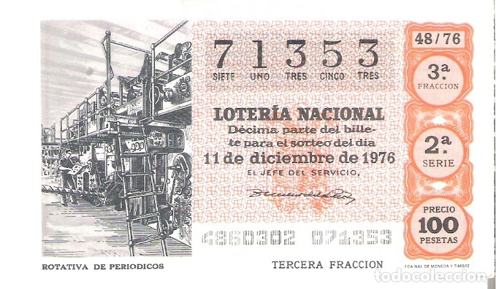 Nationale spanische Lotterie: 1 DECIMO LOTERIA SABADO 11 DICIEMBRE 1976 - 48/76 - INVENTOS (ROTATIVA DE PERIODICOS - COLOR NARANJA
