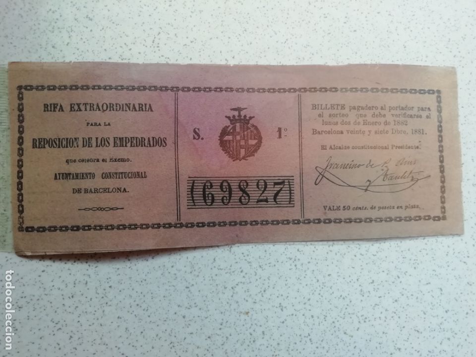Loter&iacute;a Nacional: BARCELONA. BILLETE DE RIFA A BENEFICIO DE LA REPOSICI&Oacute;N DE LOS EMPEDRADOS.... A&Ntilde;O 1881